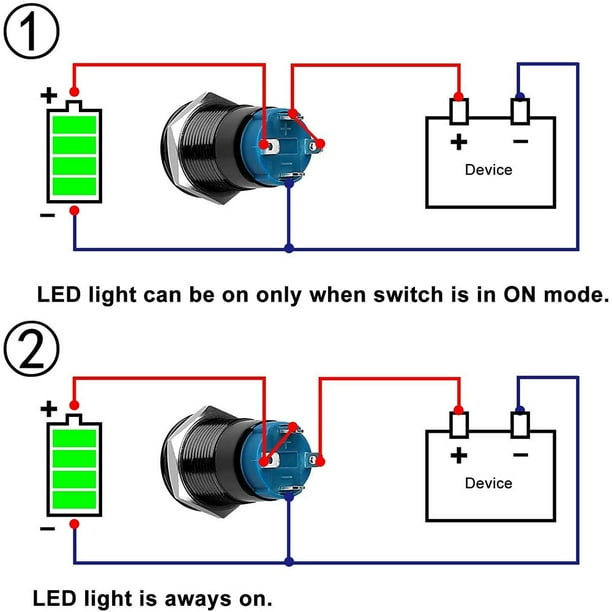 5-Pack 12mm Latching Push Button Switch - Metal, Waterproof (IP65), 12V/24V Blue LED, 4-Pin ON/OFF Switch
