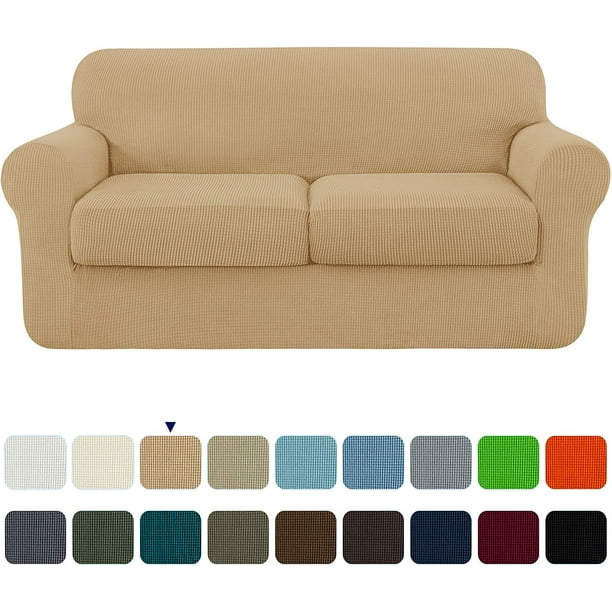 Subrtex 3Piece High Spandex Textured Grid Sofa Slipcover, Separate Cushion Cover (Khaki