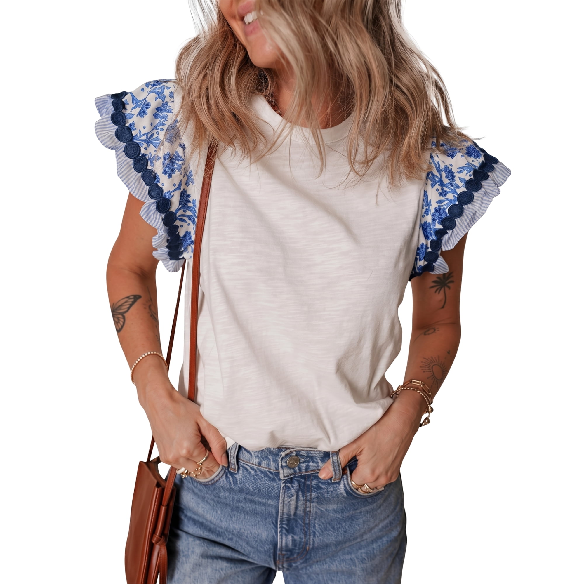 CURBODO Womens Summer Ruffle Short Sleeve Top Crewneck T Shirts Floral Trim Casual Contrast Patchwork Blouses