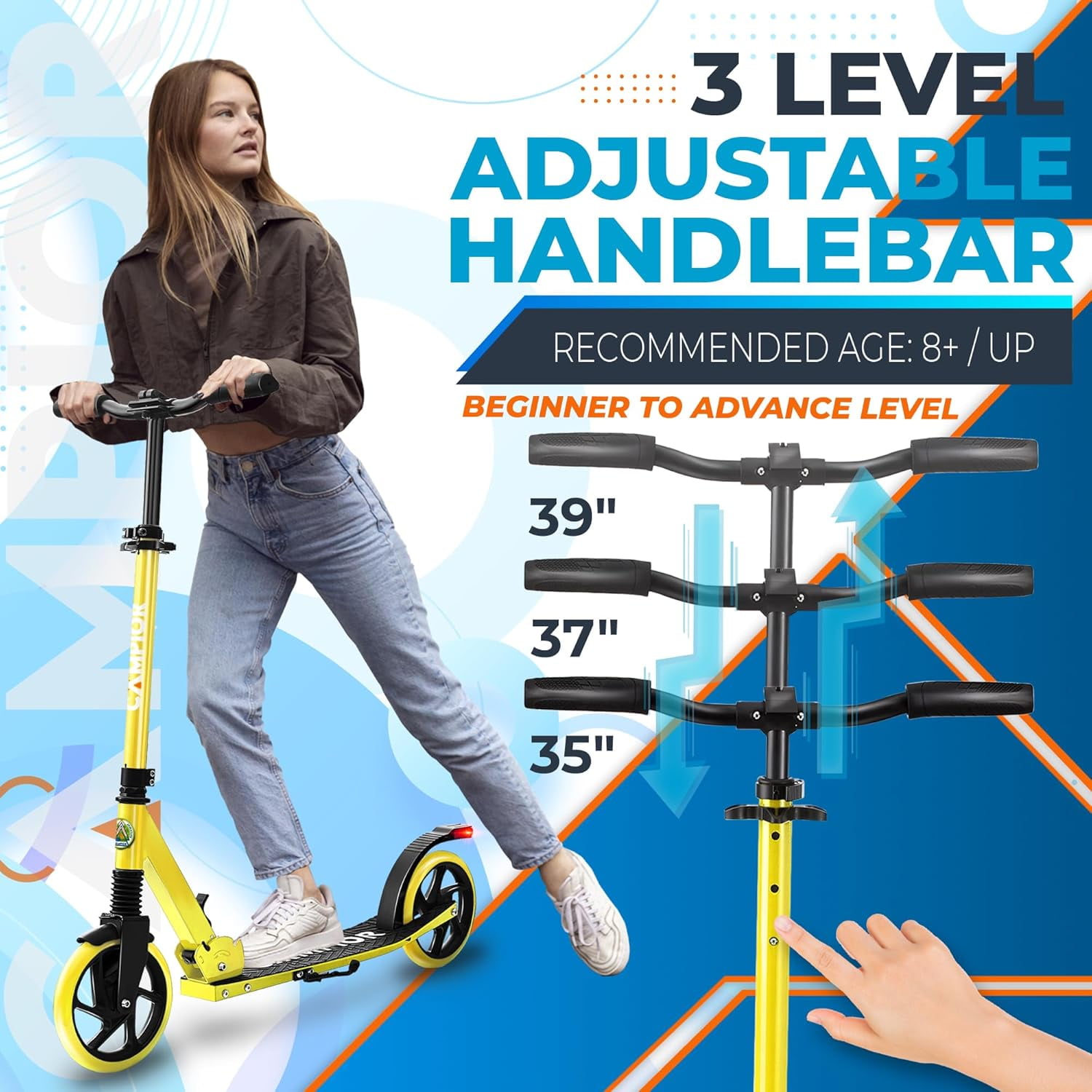Campior Kick Scooter for Ages 6+, For Kids, Teens, and Adults, Max Load 240 LBS, Foldable, 8-inch Big Wheels for Kids and Adults, With Kickstand, 3 Adjustable Levels, Child Safety Approved, Yellow