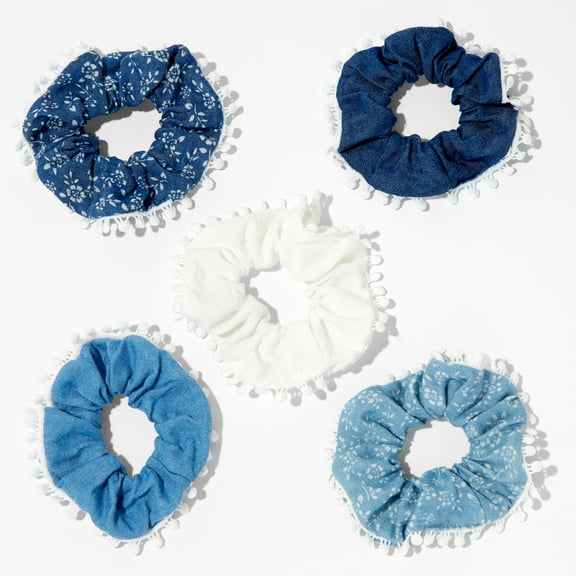 Pom Pom Trim Denim Hair Scrunchies - 5 Pack