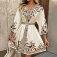 thumbnail image 2 of WTOBBY Women's Fashion Floral Print V-Neck 3/4 Sleeve Tie Waist Dress, Casual Midi Dress with Flattering Silhouette for Day to Night Transition,Beige L, 2 of 6