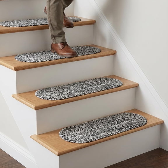 Super Area Rugs Farmhouse Braided Rug Soft Cotton Kitchen Reversible Carpet Black & White, 8" X 28" - Single Stair Tread