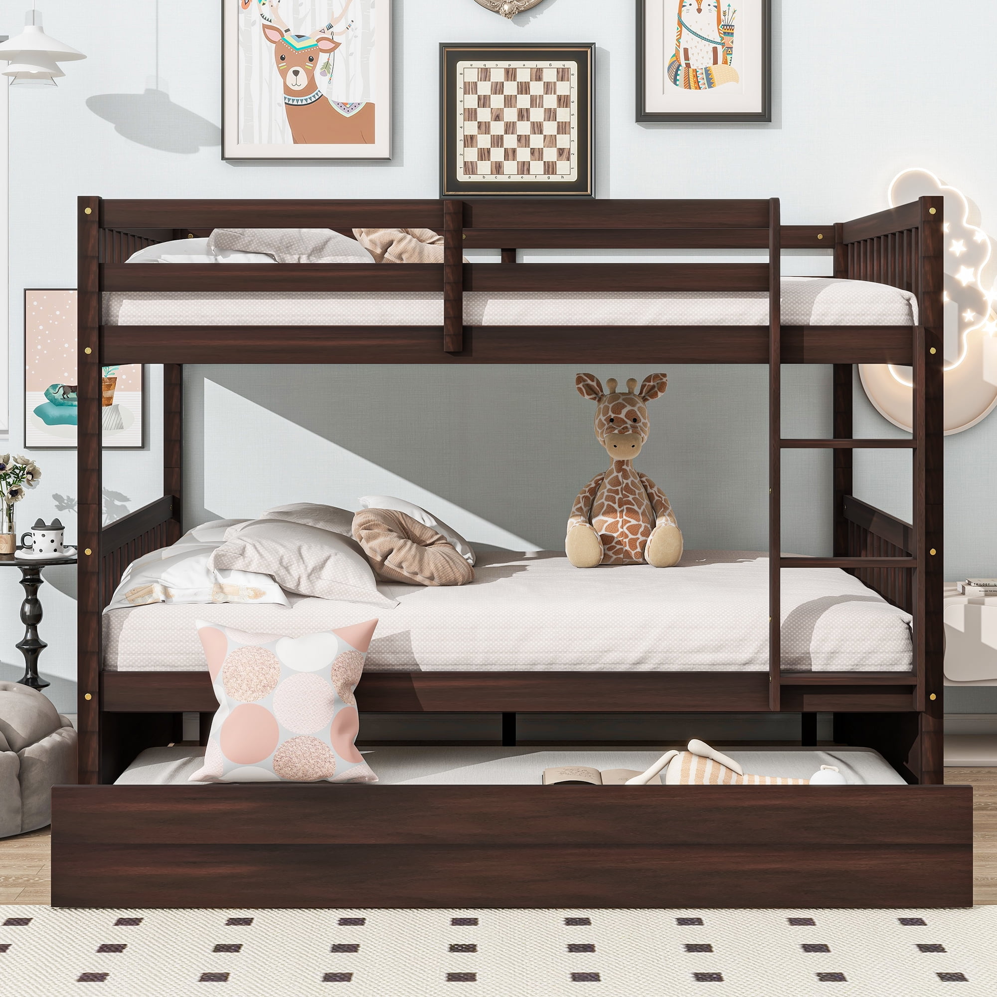 Sailvan Full Over Full Rubber Wood Bunk Bed with Trundle Ladder Guardrails, Convertible to 2 Beds