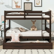 Bed Frame Full Over Full Rubber Wood Bunk Bed with Trundle, Ladder and Guardrails, to 2 Full Size Beds, with Twin Size Trundle ,Espresso