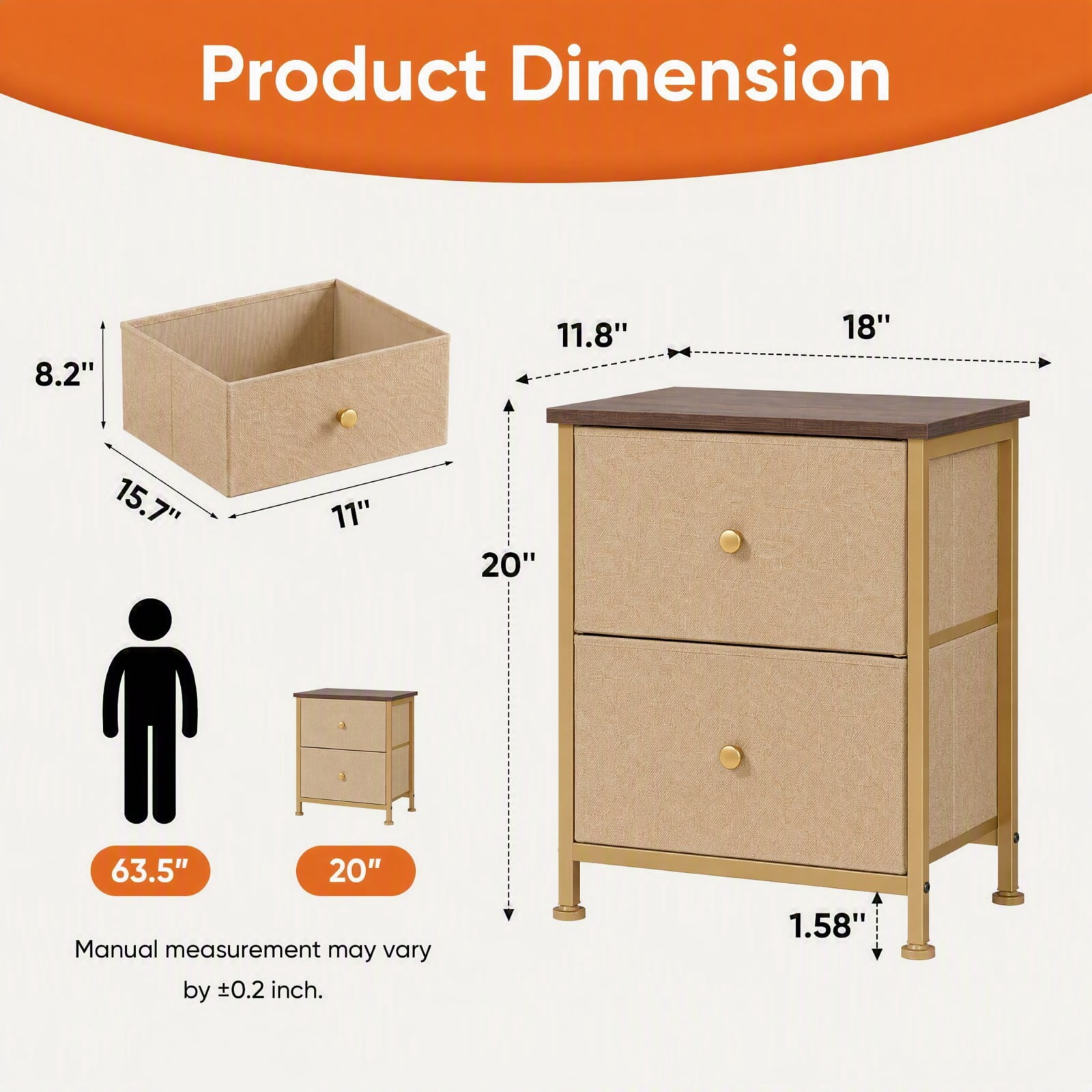Telyra Fabric Nightstand with 2 Drawers 20" Bedside Table with Wood Top and Steel Frame Small Storage Organizer, Khaki