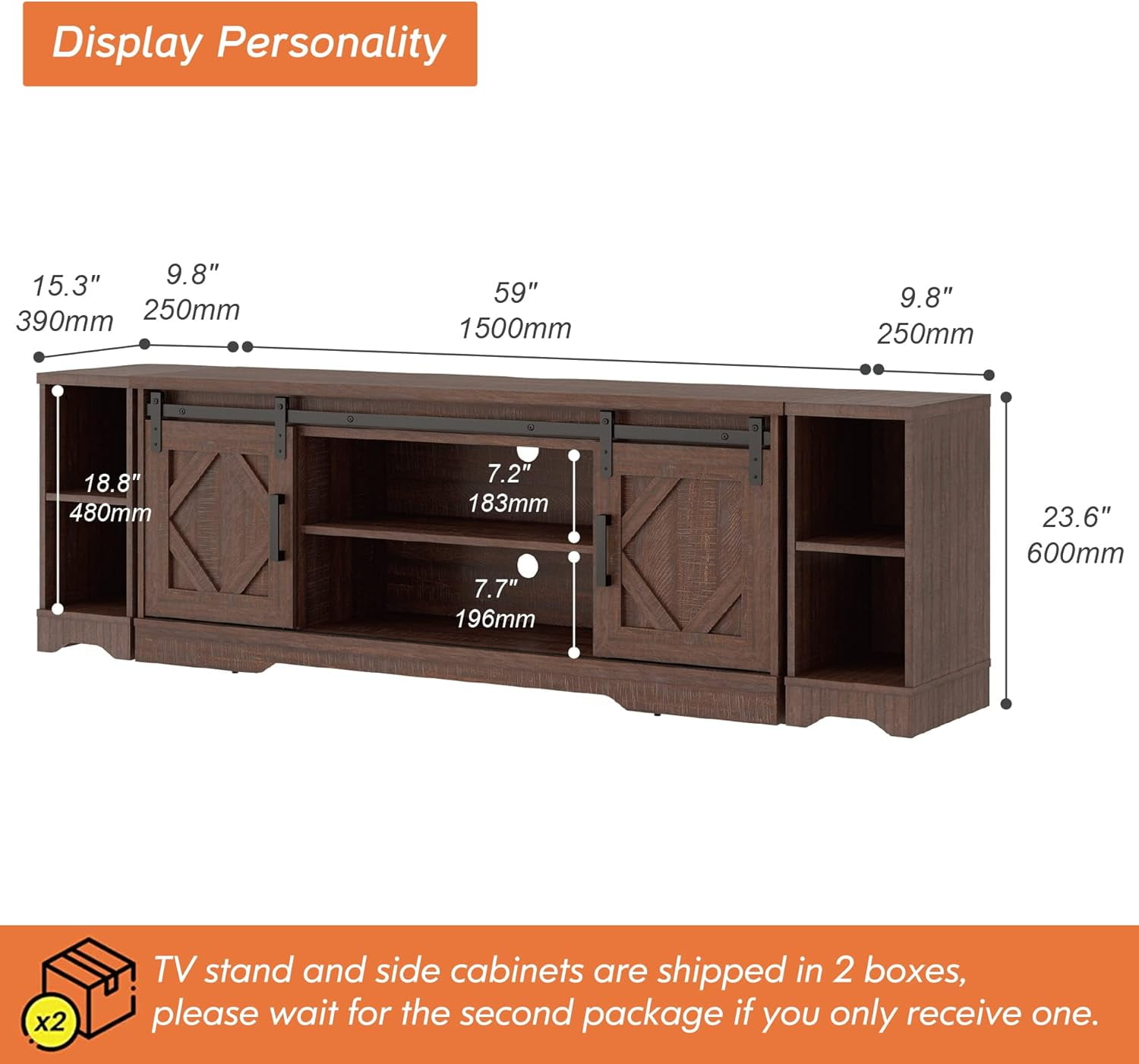 WAMPAT Farmhouse TV Stand with Sliding Barn Doors, Media Console with 3-Tier Adjustable Shelf for TVs up to 85", Rustic Wood Entertainment Center for Living Room,Rustic Brown