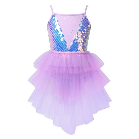 

iiniim Kids Girls Sparkly Sequins Adjustable Spaghetti Shoulder Straps Tiered Mesh Splice Tutu Dress Leotard