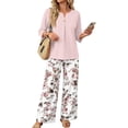 thumbnail image 3 of Women's 2 Piece Outfits Summer Spring Travel Vacation Outfits Casual V-Neck Lounge Tops Wide Leg Pants Matching Set, 3 of 7