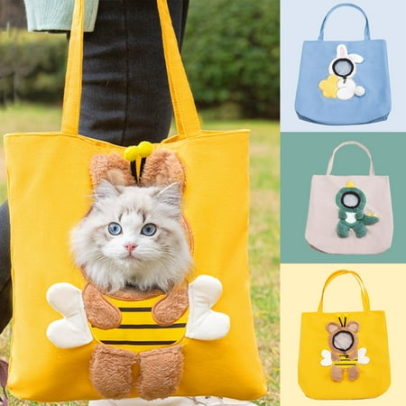 Pet Canvas Shoulder Bag  Cute Bee-Shaped Cat Carrier  Portable Small Dog Carrying Tote Chest Bag for Puppy and Kitten