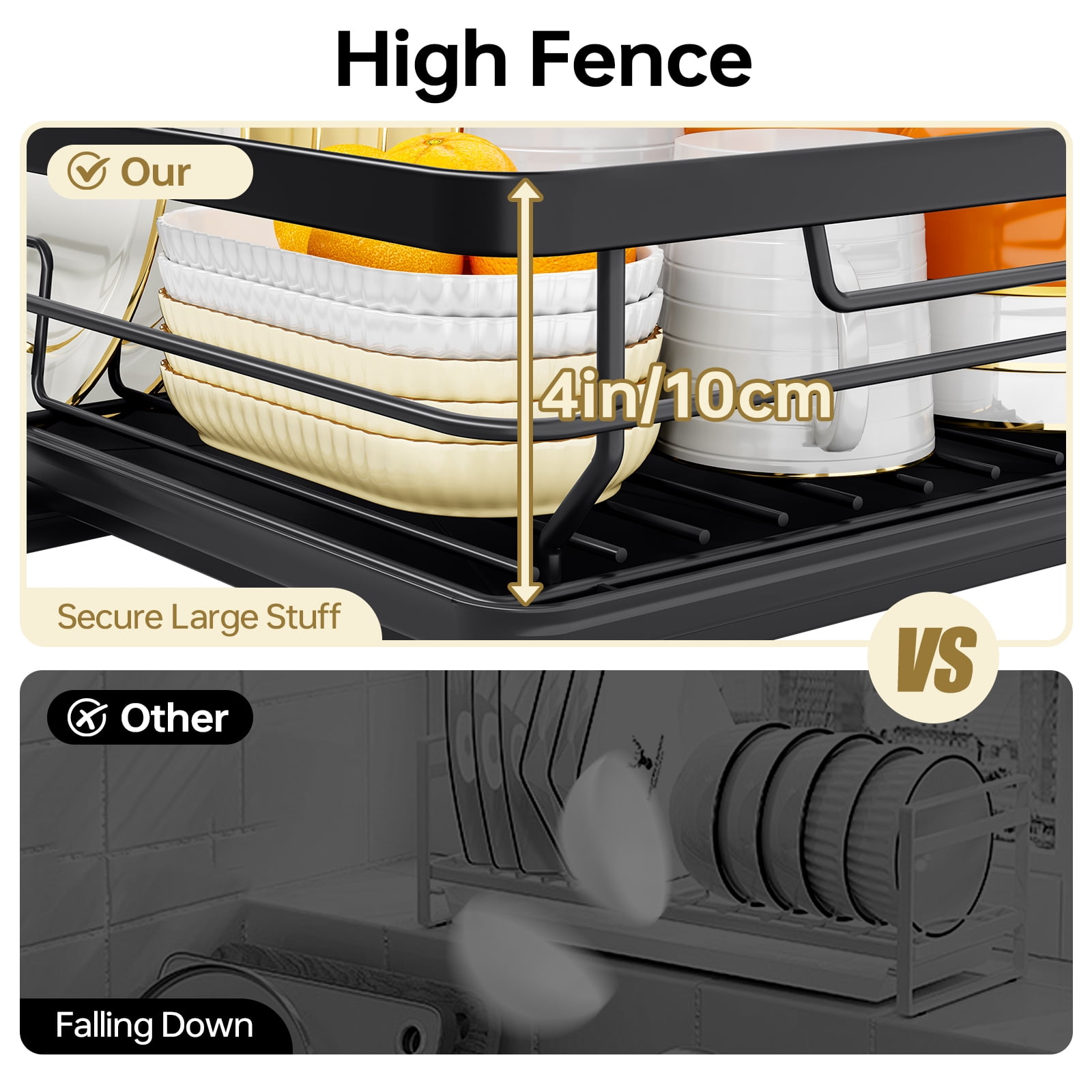 KINGRACK Dish Drying Rack, Large Dish Rack with Drainboard and Cup & Utensil Holders, Stainless Steel, Over Sink or Counter, Black