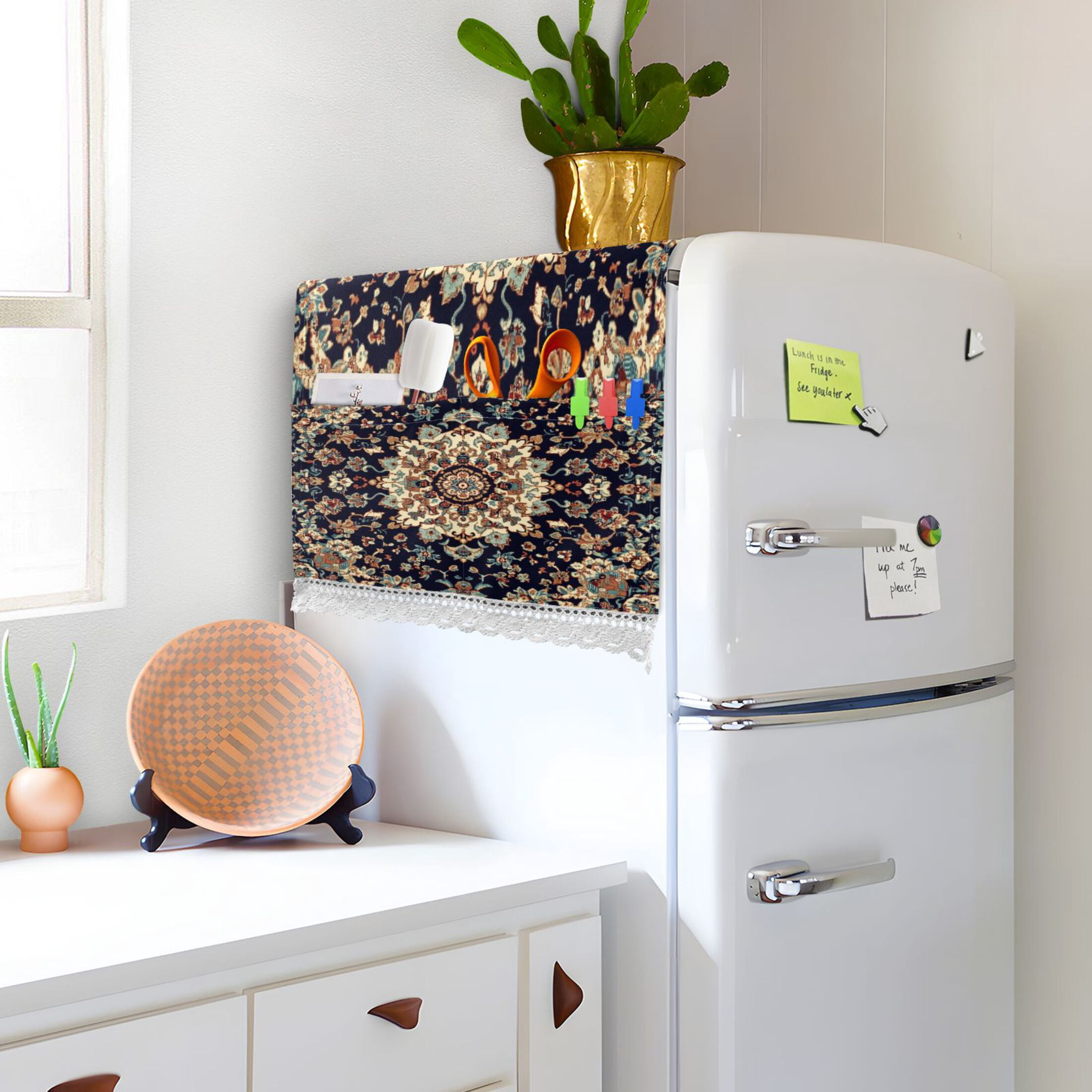Carpet PatternsWasher and Dryer Covers Dust-Proof and Oil Resistant Fridge Cover with 4 Storage Pockets Washing Machine Top Cover for Laundry Kitchen Home 51.2 x 22 In