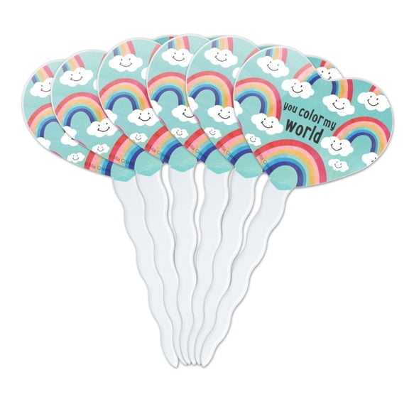 You Color My World Rainbows Happy Clouds Heart Love Cupcake Picks Toppers Decoration Set of 6