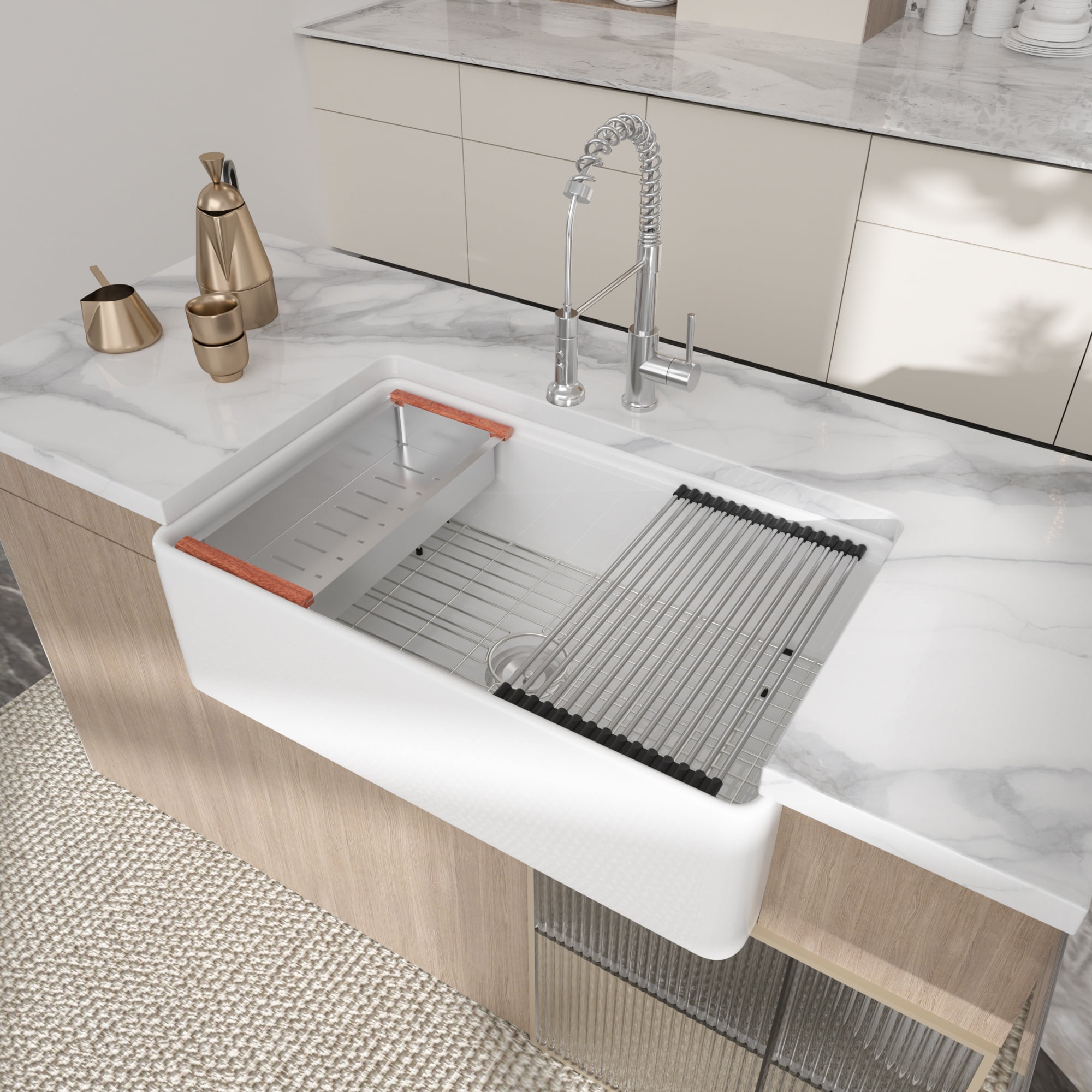 LOGMEY 33"x20" White Ceramic Farmhouse Workstation Kitchen Sink - Single Bowl, 3.5" Drain, Accessories Included (Cutting Board, Colander, Drying Rack)