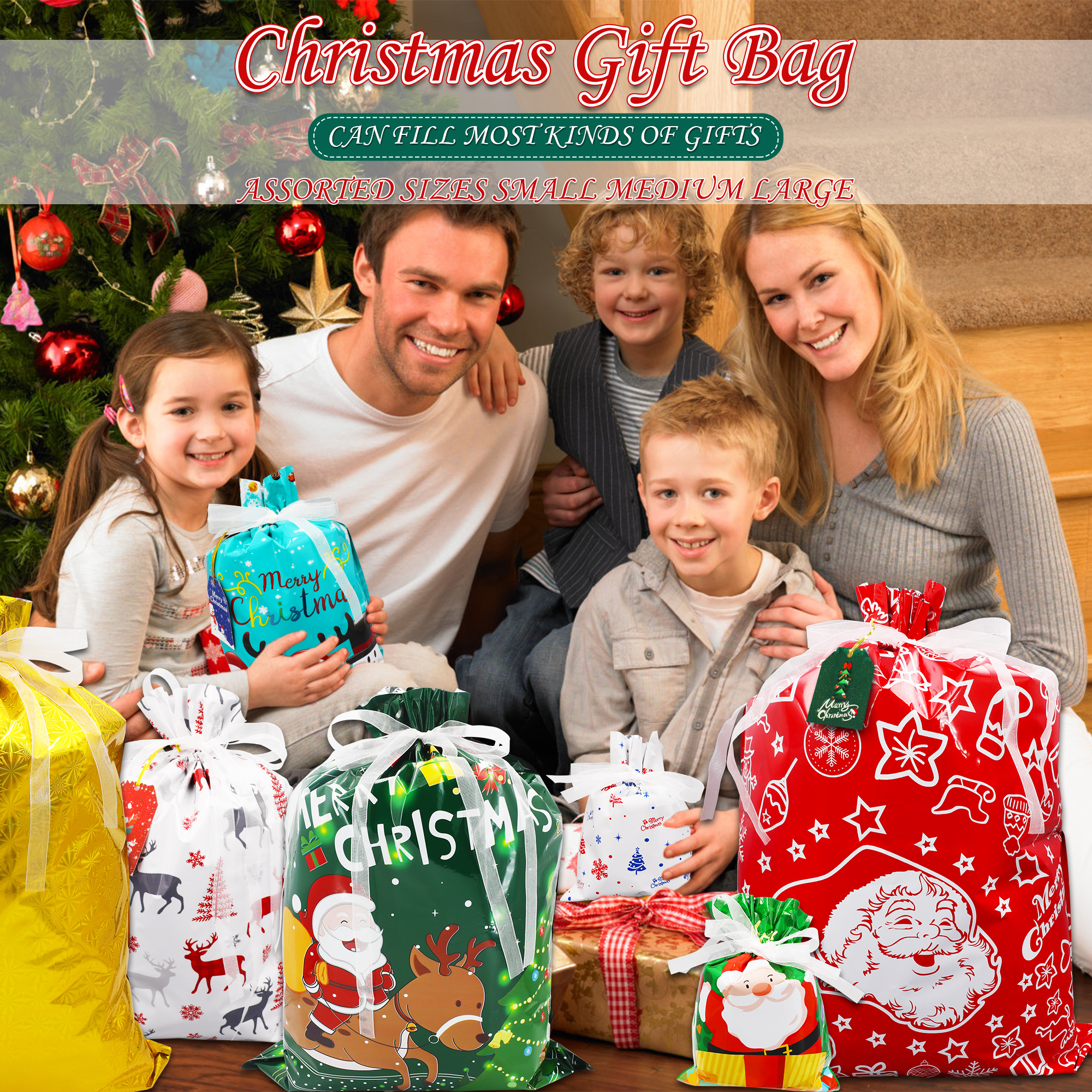 TUONITO 30-Piece Christmas Drawstring Gift Bags, Assorted Sizes photo 3
