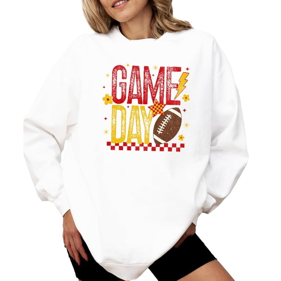 Trendy Game Day Sweatshirt for Women, Teens, and Kids Red & Yellow Girly Football Sweater White Sweatshirt Adult X-Large