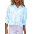 thumbnail image 4 of Lenpel Button down Shirts for Women Trendy 3/4 Sleeve Collared Ruffle Hem Striped Crop Tops Loose Fit Casual Blouses(Blue,XX-Large), 4 of 7