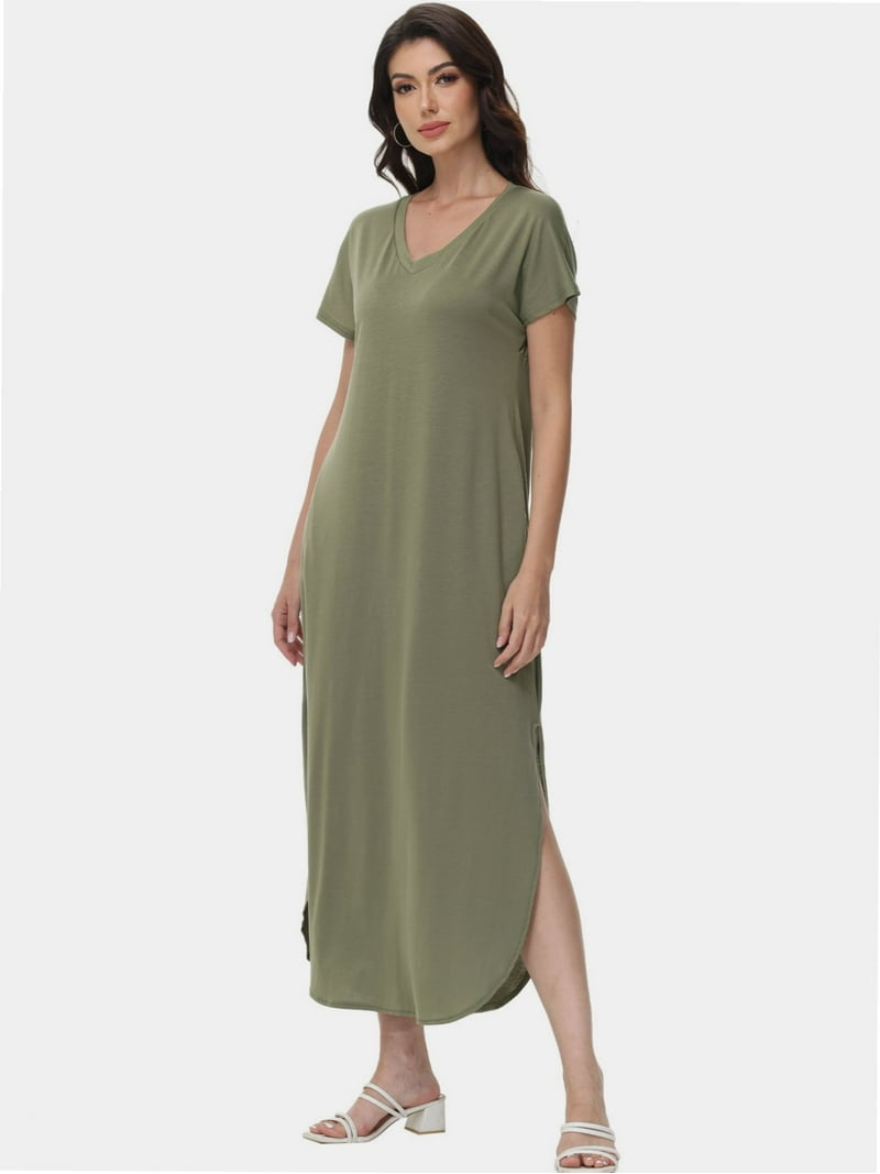 chinese dress ladies Ladybranch Women's Short Sleeve Loose Swing Casual Dress with Pockets Knee  Length(Small，01Black) at Amazon Women's Clothing store main image 1
