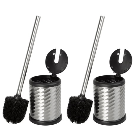 Bath Bliss 2 Pack Self Closing Lid Toilet Brush and Holder in Stainless Steel Swirl