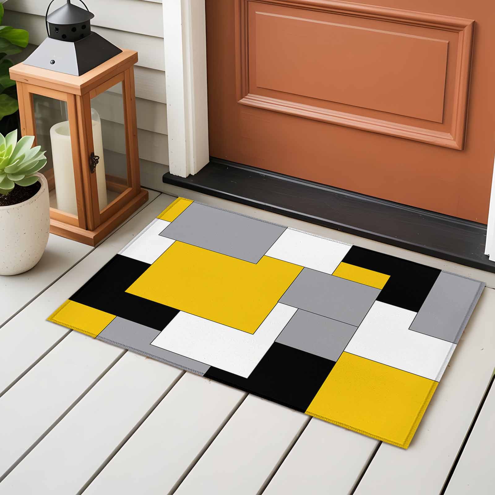 Entrance Runner Rug 2'x3',Yellow Grey Black Geometric Non-slip Doormat for Indoor Outdoor Entrance,Middle Century Art Abstract Throw Floor Mat for Front Door/Living Room/Bedroom/Bathroom/Kitchen
