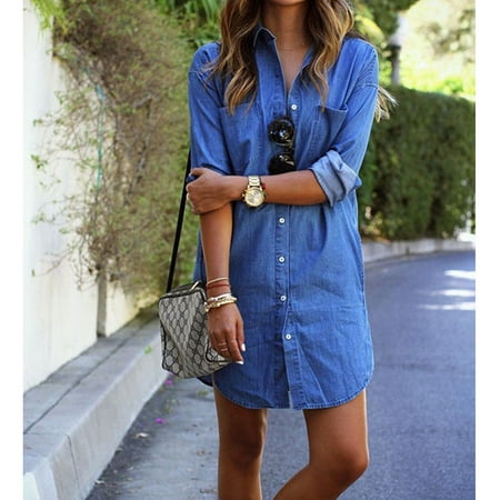 Bear Jumper Dress Women Denim Jeans Shirt Dress Short Sleeve Jumper Cocktail Clubwear Mini Dresses Blue S ()