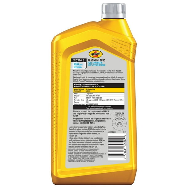 Pennzoil Platinum 5W40 Euro 946 mL - Walmart.ca