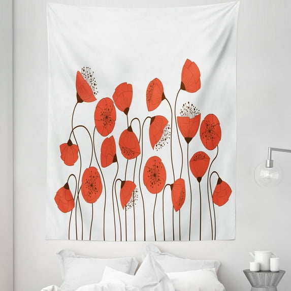 Nature Tapestry, Poppy Flowers Blossom Art Deco Style Summertime Garden Modern Repetition, Fabric Wall Hanging Decor for Bedroom Living Room Dorm, 5 Sizes, Vermilion and Pearl, by Ambesonne