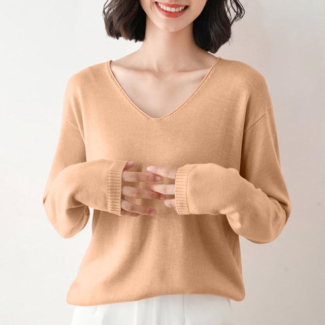 asjyhkr Women Ribbed Knit Shirts Long Sleeve V Neck Tops Solid Color Comfy Loose Fitting T Shirts Sweater