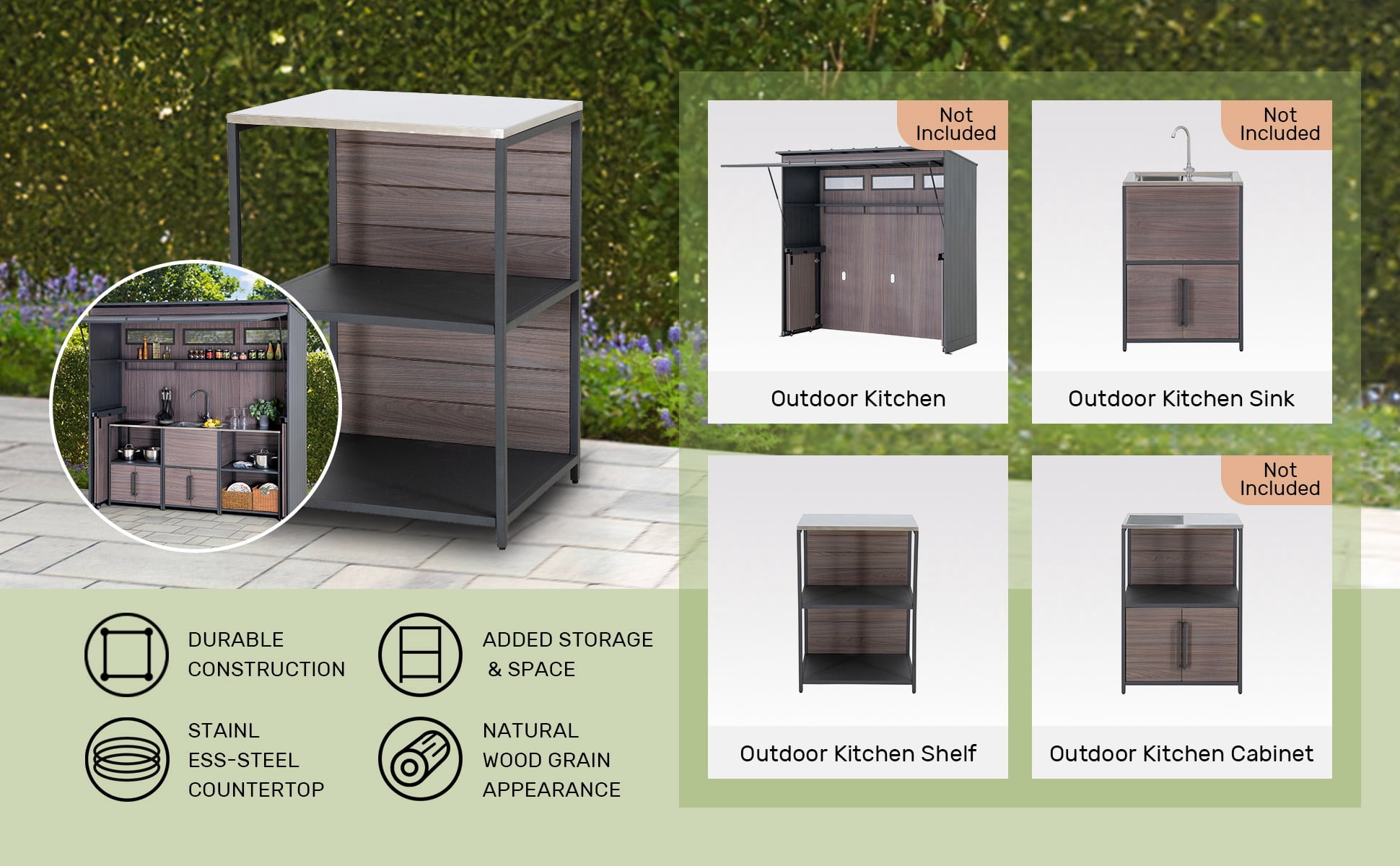 Sunjoy 25 x 21 in. Stainless Steel Three-Tier Open Storage Shelf for Outdoor&Indoor Kitchen