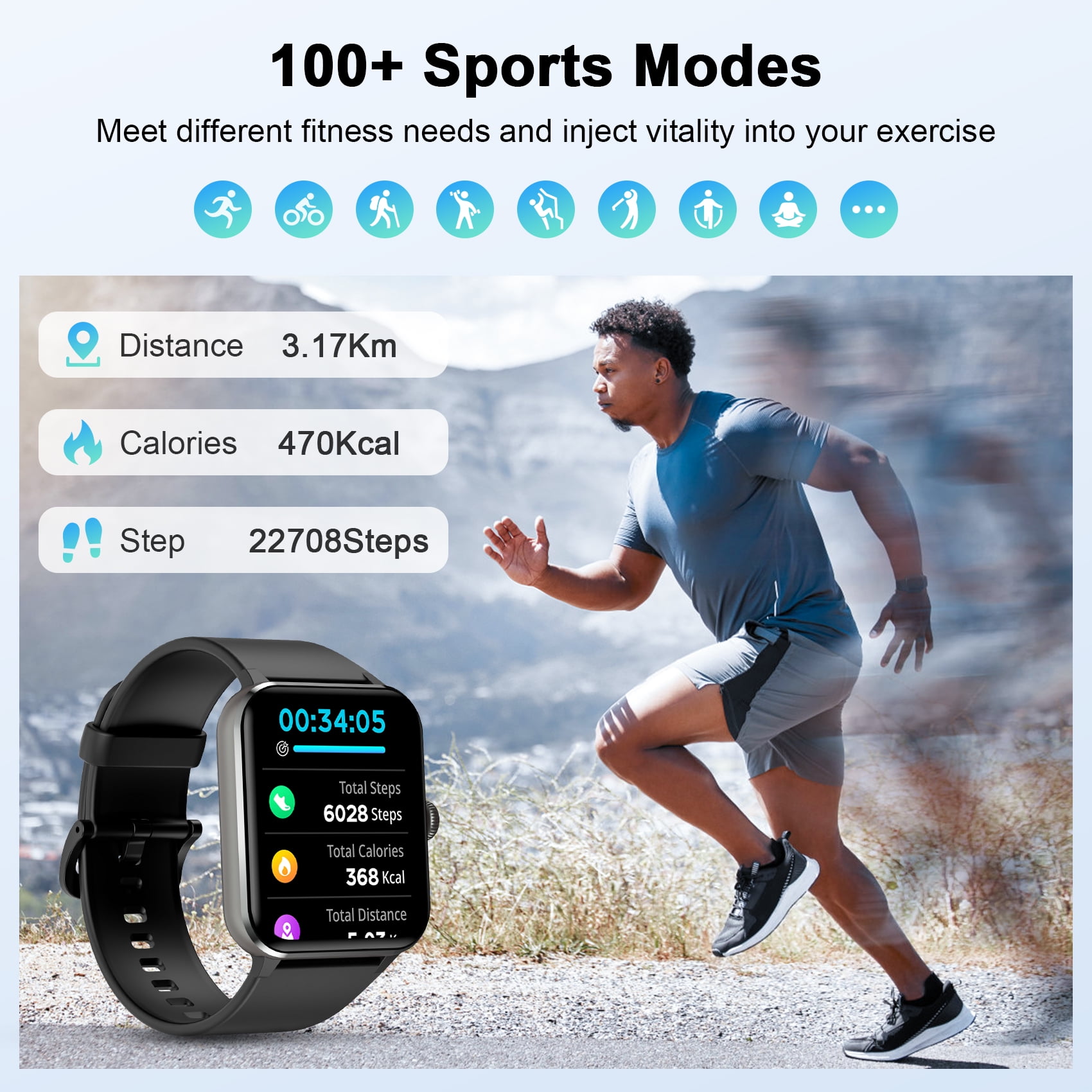 IOWODO Smart Watch for Men Women, with Bluetooth Calling, AI Voice Assistant, 100+ Sports Modes, 1.85'' Fitness Tracker for Android and iPhone (Black)