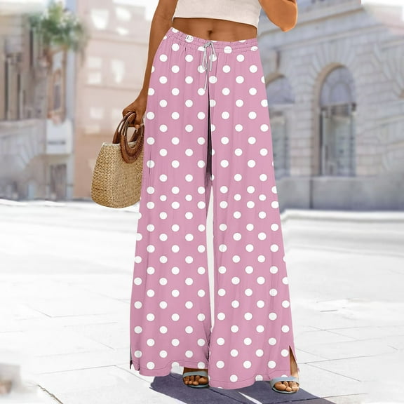 HongQid Womens Wide Leg Pants Elastic Drawstring Beach Vacation Palazzo Loose Polka Dots Printed Comfy Trousers with Pockets