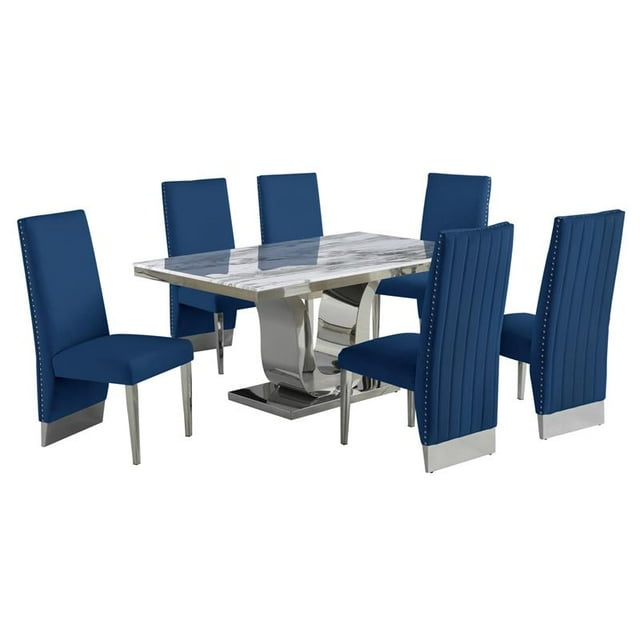 White Marble 7 piece Dining Set with Silver Stainless Steel Base