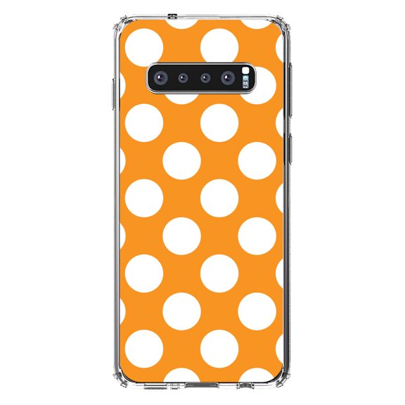 DistinctInk Clear Shockproof Hybrid Case for Samsung Galaxy S10  PLUS(6.4" Screen) - TPU Bumper, Acrylic Back, Tempered Glass Screen Protector - White & Orange Polka Dots