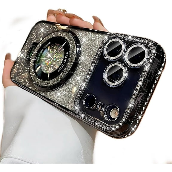 for iPhone 17 Pro Max Magnetic Kickstand Case, [Compatible with Magsafe] Bling Glitter Diamond Rhinestone Ring Holder Camera Protector for Girls Woman Cute Cover for iPhone 17 Pro Max, Black