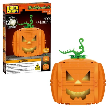 Brickcraft Brick-O’-Lantern (233-Piece Pumpkin Kit)– Build 3 Faces with 2 Light Bricks, 13.7 cm Tall Halloween Display for Ages 8 