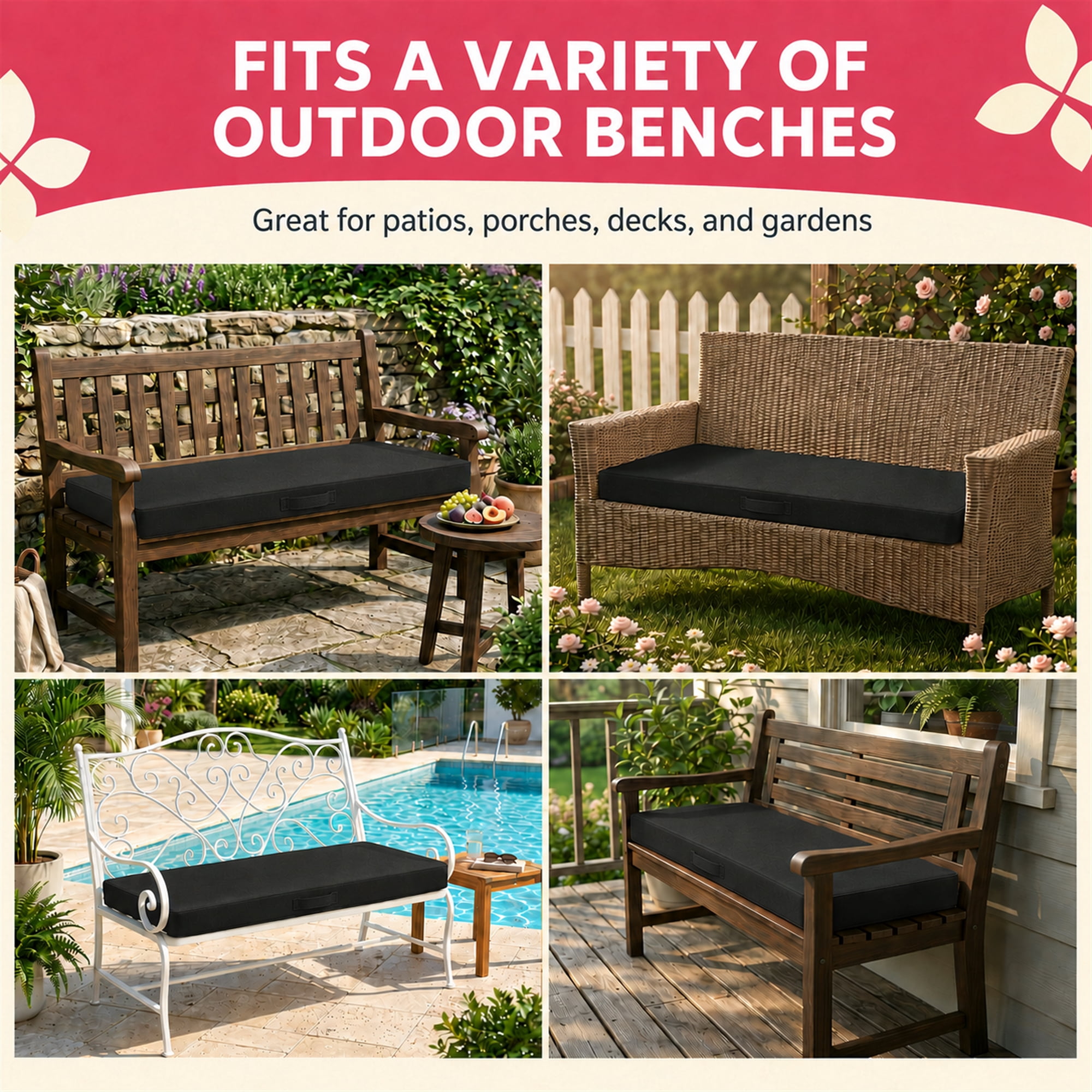 Millsilo 42" x 18" x 3" Outdoor Bench Cushion with Removable Cover, Water-Repellent UV Fade-Resistant Patio Cushion, High-Density Foam, Non-Slip Ties, Black