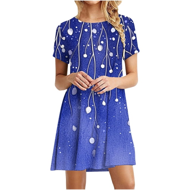 Vestido de Manga Corta para las Mujeres Casual Impreso Cuello Redondo, Vestido de las Señoras para la Primavera Y el Verano de Uso Diario