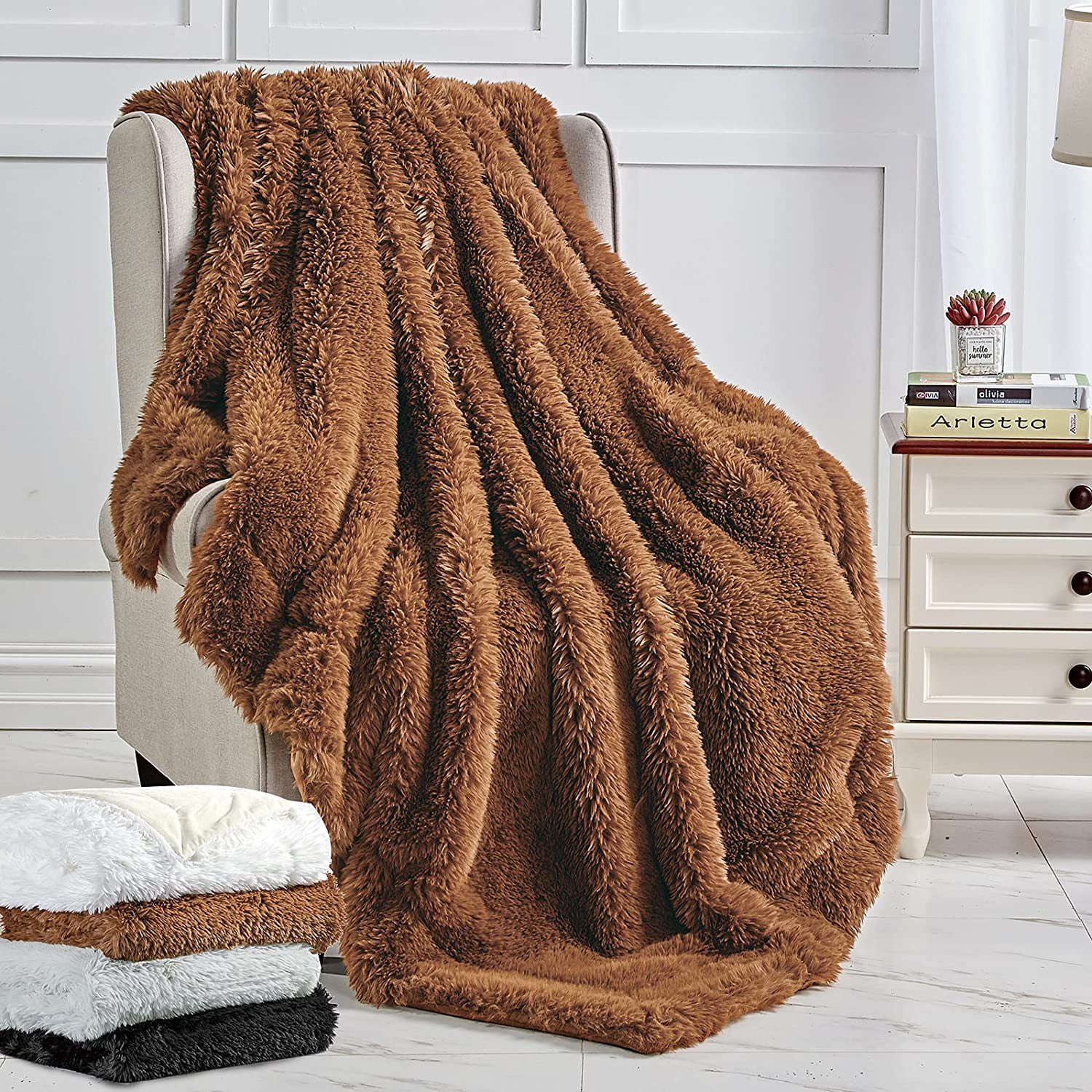Softan Plush Faux Fur Throw Blanket Brown Shaggy Blanket Fluffy Minky