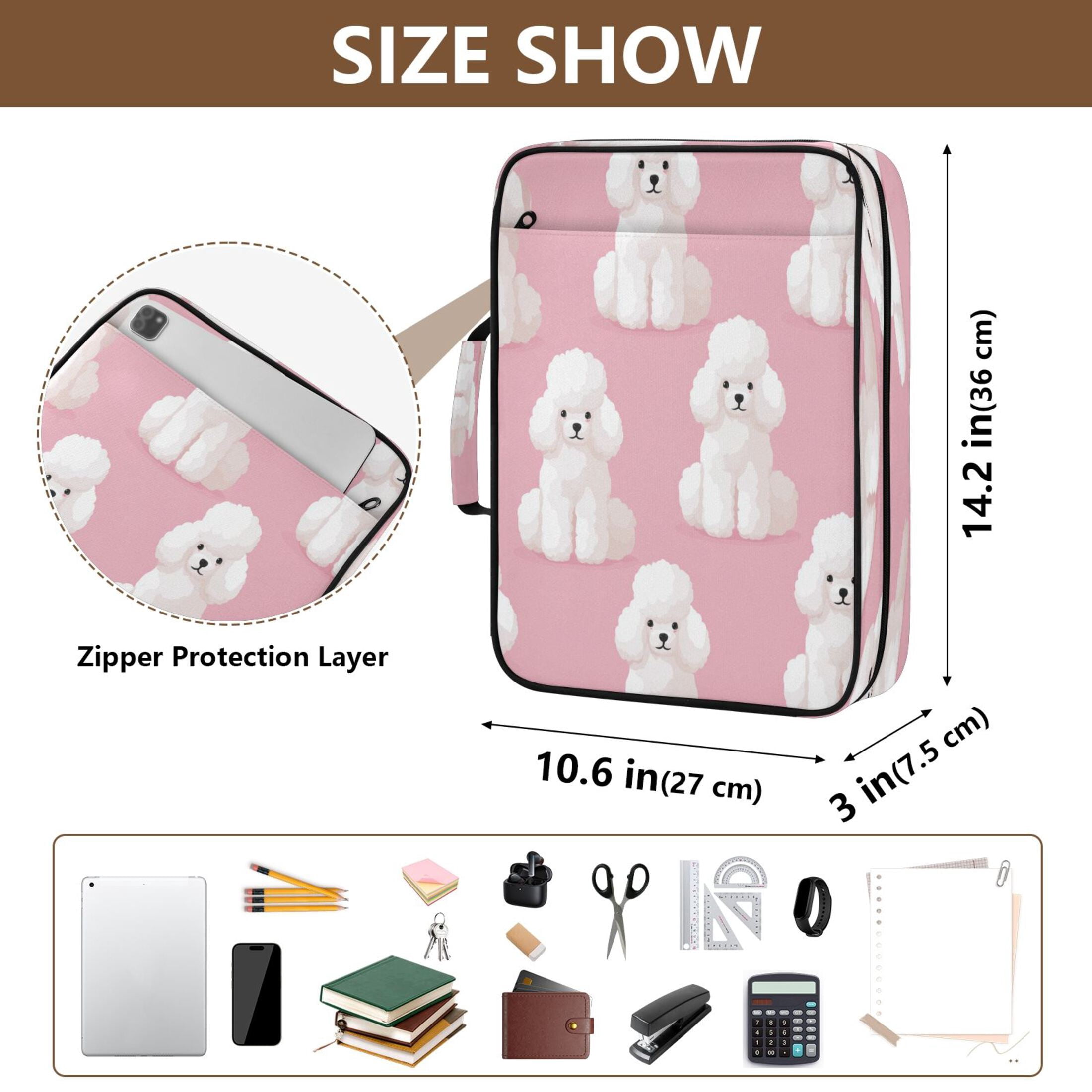 3 Ring Zipper Binder with Accordion File Organizer Waterproof Back to College Binder - 7 Layer Document Organizer for Study Home Office College Travel Supplies White Poodles