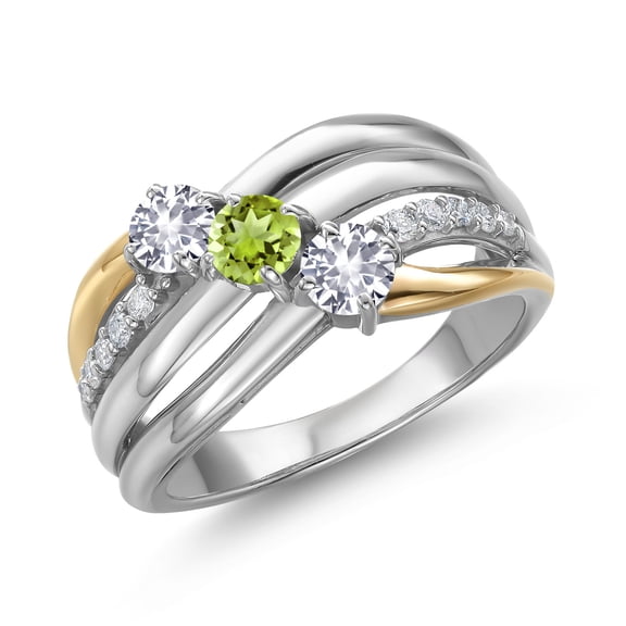Gem Stone King 925 Silver and 10K Yellow Gold White Created Sapphire and Green Peridot and Lab Grown Diamond Engagement Ring for Women | 0.95 Cttw | Round 4MM | September Birthstone | Size 6