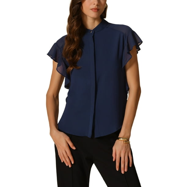 CAMISAS DE BOTONES DELANTEROS CON MANGAS RIZADAS Y CUELLO ALTO PARA MUJERES CHIC DE INSPIRE EN AZUL MARINO