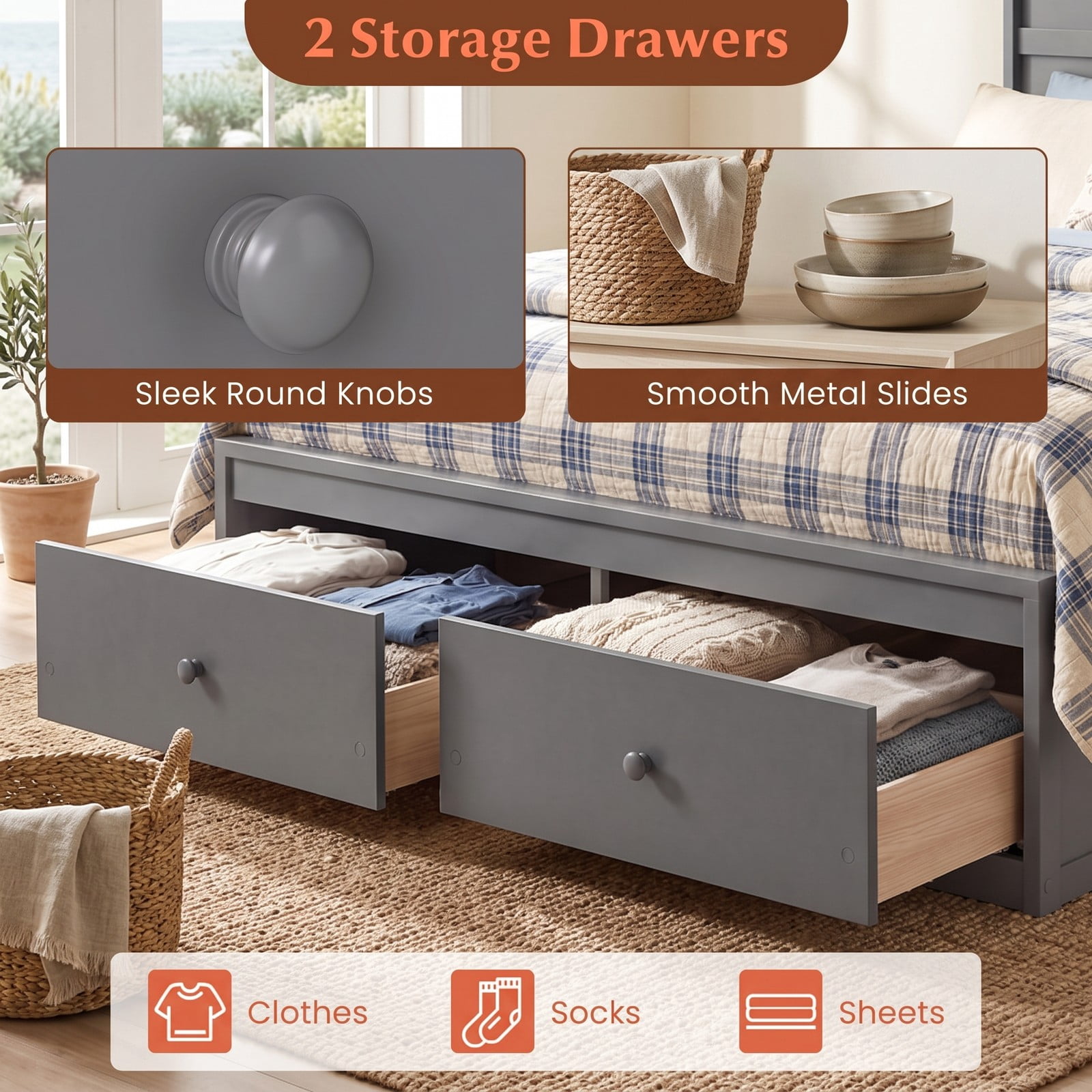 Furnibear Full Size Bed Frame with Storage, Wooden Platform Bed with Plank Headboard and 2 Storage Drawers, Gray