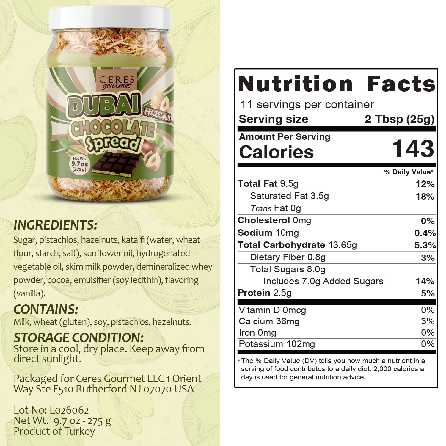 Ceres Gourmet Chocolate Spread, Pistachio Cream, Crispy Kataifi Phyllo, Chunky Roasted Hazelnuts, Belgian Chocolate, 1 Pack, 9.7 Oz