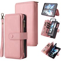 Phone Case for Samsung Galaxy Z Fold 4 5G (2022), Galaxy Z Fold 4 Wallet Case, Luxury Folio Flip Leather Cover[Zipper Pocket] [Wrist Strap][Kickstand] for Samsung Galaxy Z Fold 4 5G 7.6 inch, Pink