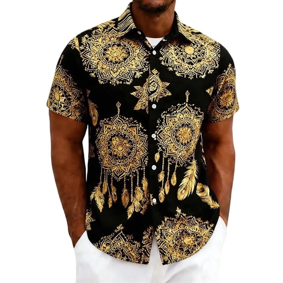 BangWanChi Men's Beach Vacation Hawaii Print Shirts Top Short Sleeve Collared Open Placket Casual Tops