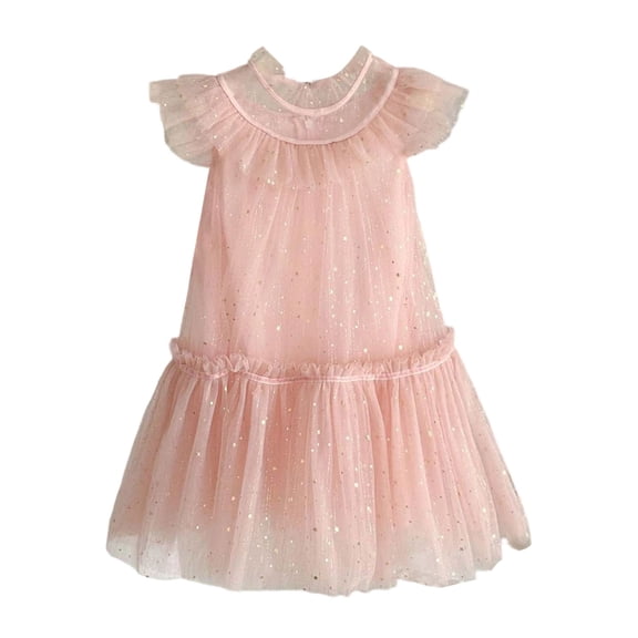 Little Girls Dresses Fly Sleeve Star Moon Sequin Danceruffleses Clothes Girls Party Dress Size 6-7T