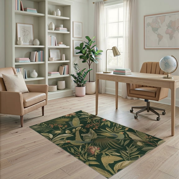 ODIKA 4'x6' Green Deep Tropical Elegance with Exotic Washable Area Rug Lush Botanicals and Avian Motifs in a Vintage for Home Office, Under Desk, Non-Slip Chair-Friendly, Flatwoven