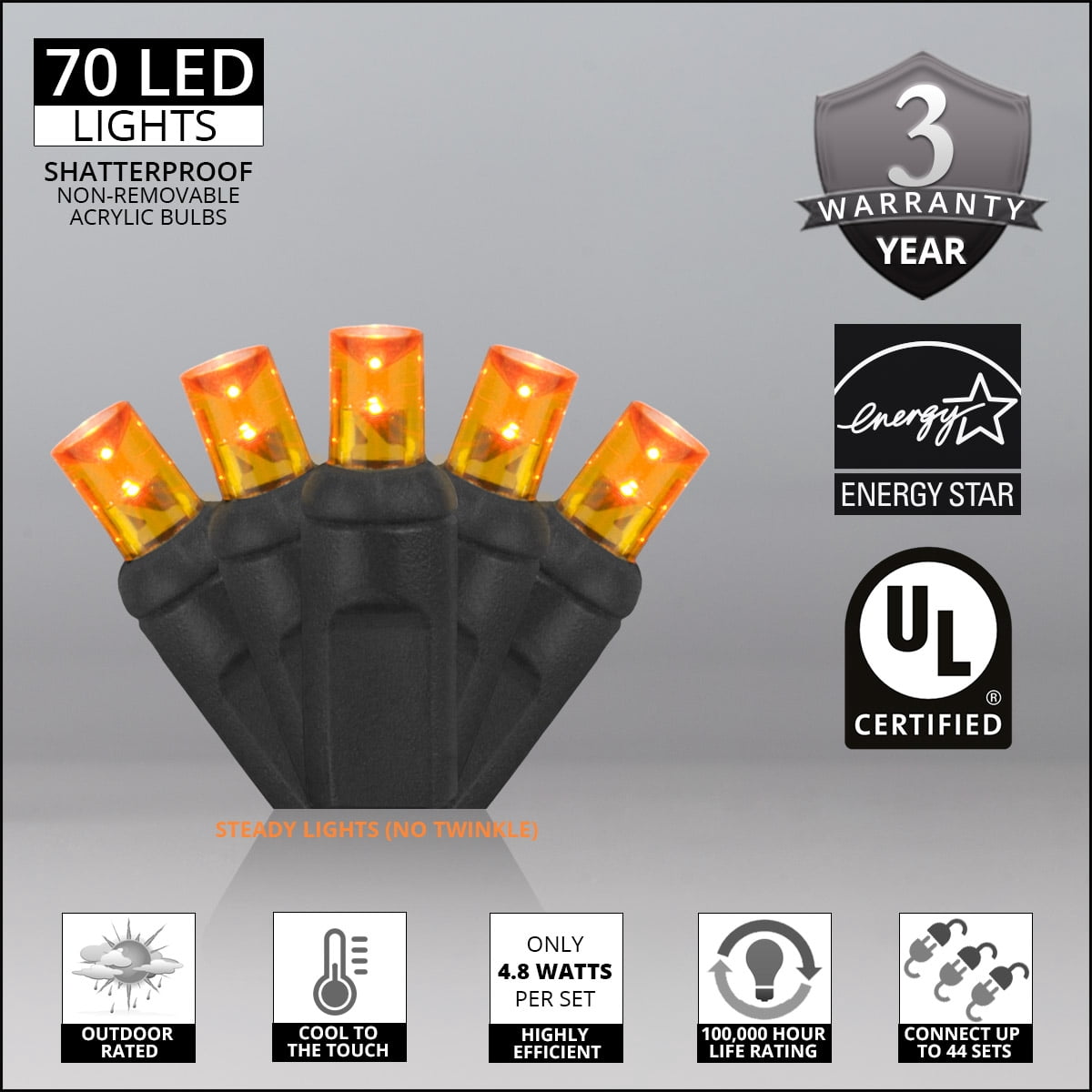 70 Orange Halloween Mini LED Bulb String Lights Indoor Outdoor String Lights, 4" Spacing, 24', Black Wire