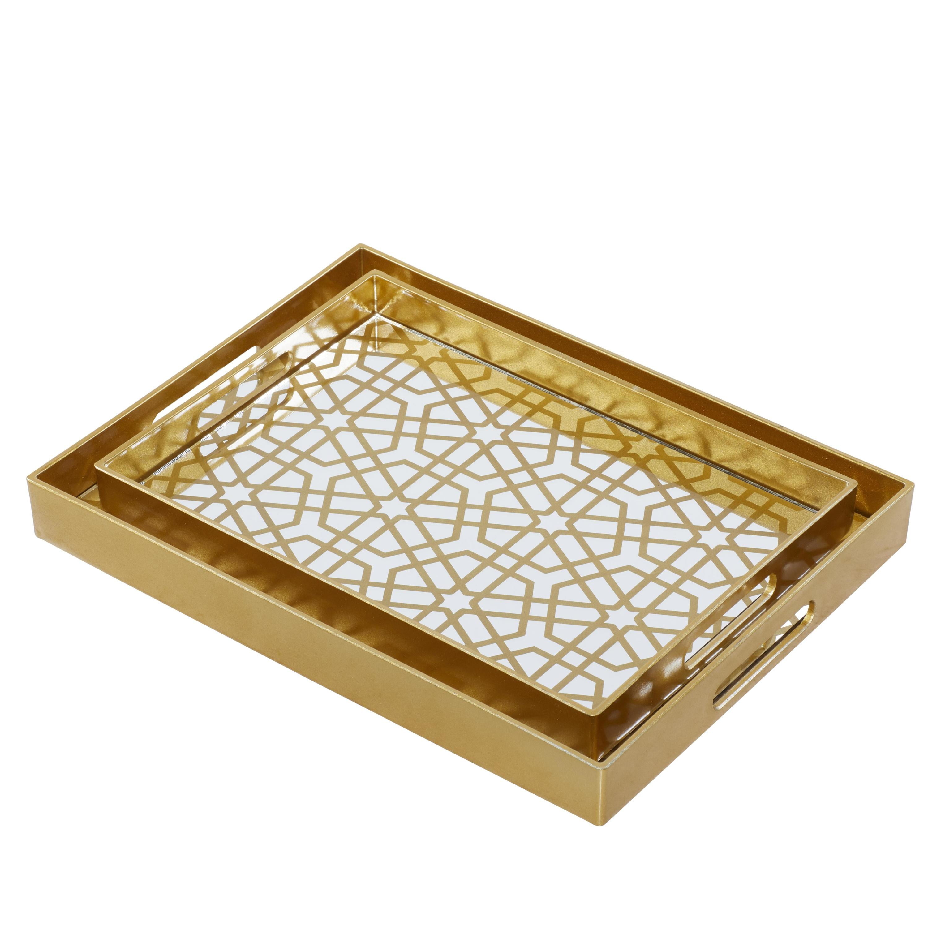 CosmoLiving by Cosmopolitan 14", 16"W Gold Plastic Mirrored Geometric Tray, 2-Pieces