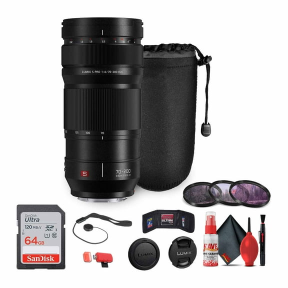 Panasonic Lumix S PRO 70-200mm f/4 O.I.S. Lens (S-R70200) Bundle Including: 64 GB Memory Card, 3-Piece Filter Kit, Lens Caps, Lens Pouch, Cap Keeper, Full Cleaning Kit, Card Reader, Card Wallet